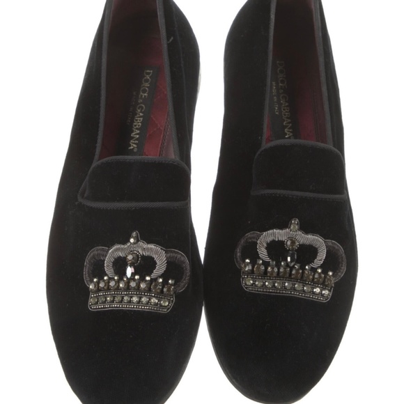 Dolce & Gabbana Black Velvet Gold Crown Mens Loafers Shoes